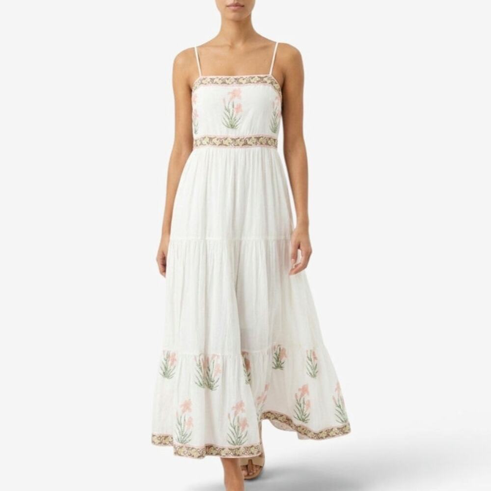 Madison Mathews White Cotton Embroidered Maxi Dress Boho Ruffled Hem L - Picture 13 of 16
